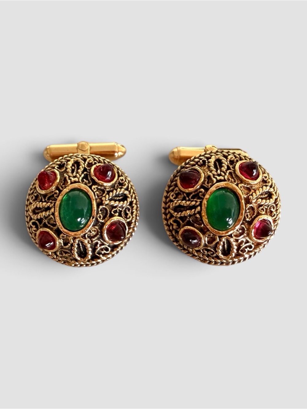 Vintage CHANEL Gold-Tone Metal Red & Green Gripoix Cabochon Cufflinks